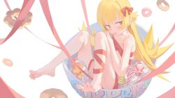 1girl absurdres bakemonogatari barefoot blonde_hair blush christmas doughnut feet food highres long_hair monogatari_(series) open_mouth oshino_shinobu pointy_ears ribbon soles toes yellow_eyes youyueyue