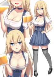 Rule 34 | 1girl, akahi242, alcohol, alternate costume, alternate hairstyle, apron, barmaid, beer, beer mug, bismarck (kancolle), blonde hair, blue apron, blue eyes, braid, breasts, cup, dirndl, german clothes, grey thighhighs, highres, holding, holding cup, kantai collection, large breasts, long hair, mug, short sleeves, side braid, smile, thighhighs, underbust, waist apron
