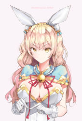 Rule 34 | &gt;:), 1girl, adapted costume, alternate costume, animal ears, bell, breasts, bun cover, rabbit ears, character name, cleavage, dress, fingers together, frilled gloves, frills, gloves, gold trim, gradient hair, grin, highres, hololive, jingle bell, large breasts, long hair, momosuzu nene, multicolored hair, nonaturednerd, pink hair, playboy bunny, red ribbon, ribbon, simple background, smile, solo, strapless, strapless dress, upper body, virtual youtuber, wavy hair, white background, white gloves, yellow eyes