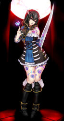 Rule 34 | 1girl, black hair, bloodstained: ritual of the night, blue eyes, brown hair, detached sleeves, full body, gauntlets, gradient hair, hair between eyes, hair ornament, looking at viewer, miriam (bloodstained), moon, multicolored hair, ningyoushi, pale skin, short hair, solo, stained glass, sword, tattoo, weapon