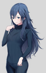 Rule 34 | 1girl, alternate costume, ameno (a meno0), blue eyes, blue hair, blue pants, blue sweater, blush, closed mouth, commentary request, fire emblem, fire emblem awakening, grey background, hair between eyes, lips, long hair, long sleeves, looking at viewer, lucina (fire emblem), nintendo, pants, pink lips, ribbed sweater, simple background, smile, solo, sweater, turtleneck, turtleneck sweater