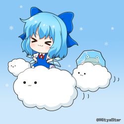 Rule 34 | &gt; &lt;, 1girl, :3, blue background, blue bow, blue dress, blue hair, bow, brown hat, cirno, closed eyes, closed mouth, cloud, collared shirt, commentary request, dress, facing viewer, frozen, hair bow, hat, ice, ice wings, mitya, puffy short sleeves, puffy sleeves, pyonta, shirt, short sleeves, sleeveless, sleeveless dress, snowflakes, solid circle eyes, solo, touhou, twitter username, white shirt, wings