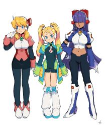 3girls absurdres alia_(mega_man) alternate_costume arms_up blonde_hair breasts dark-skinned_female dark_skin full_body hair_over_eyes hair_over_one_eye highres karen_(karenoni1031) large_breasts layer_(mega_man) medium_hair mega_man_(series) mega_man_x_(series) midriff mole mole_under_eye multiple_girls navel pallette_(mega_man) purple_hair simple_background small_breasts standing twintails white_background