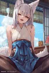 Rule 34 | 1girl, animal ear fluff, animal ears, architecture, arms behind back, bare shoulders, blue hakama, blue sky, breasts, brown pantyhose, cloud, cloudy sky, cup, drink, east asian architecture, fangs, food, fox ears, fox girl, fox tail, fruit, hakama, hakama short skirt, hakama skirt, half-closed eyes, highres, ice, indian style, japanese clothes, kimono, long hair, looking at viewer, open mouth, original, pantyhose, piercing, plate, red eyes, short eyebrows, shouji, signature, sitting, skirt, sky, sleeveless, sleeveless kimono, sliding doors, small breasts, solo, suzuno (bookshelf), sweat, table, tail, thick eyebrows, tongue piercing, twitter username, watermelon, white hair
