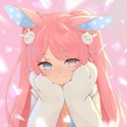 Rule 34 | 1girl, animal ears, animal hands, blue eyes, closed mouth, commission, hair ornament, hands up, heterochromia, looking at viewer, original, pink eyes, pink hair, rabbit ears, rabbit hair ornament, runastark, smile, solo, twintails, upper body, virtual youtuber