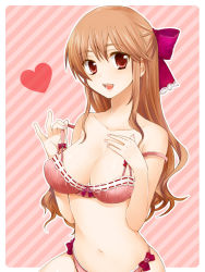Rule 34 | 1girl, bad id, bad pixiv id, bow, bra, breasts, brown eyes, brown hair, hair bow, hair ribbon, heart, kobato neneko, large breasts, lingerie, long hair, looking at viewer, nail polish, navel, open mouth, original, panties, pink nails, pinky out, red bra, red panties, ribbon, smile, solo, strap slip, striped, striped background, underwear, underwear only, undressing
