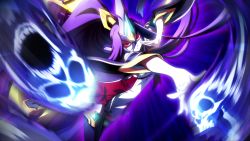 Rule 34 | 1girl, arc system works, blazblue, blazblue: central fiction, game cg, hades izanami, hair ornament, highres, long hair, mikado (blazblue), ponytail, purple hair, red eyes, solo, thighhighs, very long hair