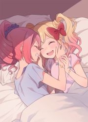 Rule 34 | 10s, 2girls, aikatsu!, aikatsu! (series), aikatsu stars!, bed, bed sheet, blonde hair, blue shirt, blush, bow, bracelet, closed eyes, frills, gobou 1000, gradient hair, grin, hair bow, hand on another&#039;s cheek, hand on another&#039;s face, happy, jewelry, multicolored hair, multiple girls, nijino yume, on bed, open mouth, pillow, pink hair, pink shirt, red bow, red hair, sakuraba rola, shirt, short sleeves, sidelocks, smile, twintails, yuri