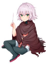 Rule 34 | 1girl, black cola, black footwear, black thighhighs, blush, boots, brown cloak, cloak, closed mouth, commentary request, crossed legs, facial scar, fate/grand order, fate (series), green eyes, hair between eyes, hand up, highres, holding, jack the ripper (fate/apocrypha), scar, scar across eye, scar on cheek, scar on face, short hair, silver hair, simple background, sitting, solo, thigh boots, thighhighs, torn cloak, torn clothes, white background