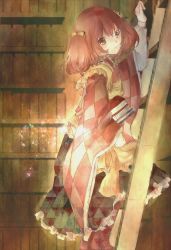Rule 34 | 1girl, apron, bad id, bad pixiv id, bell, bookshelf, boots, checkered clothes, expressionless, hair bell, hair ornament, japanese clothes, kimono, ladder, light particles, long sleeves, looking at viewer, motoori kosuzu, orange eyes, red hair, solo, touhou, twintails, two side up, yayanehiro