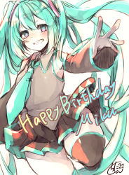 Rule 34 | 1girl, bare shoulders, black skirt, black sleeves, black thighhighs, breasts, character name, chita (ketchup), collared shirt, commentary request, green eyes, green hair, green necktie, grey shirt, hair between eyes, hair ornament, happy birthday, hatsune miku, highres, long hair, long sleeves, multicolored eyes, necktie, outstretched arm, pink eyes, pleated skirt, shirt, signature, simple background, skirt, sleeveless, sleeveless shirt, sleeves past wrists, small breasts, solo, standing, standing on one leg, thighhighs, twintails, very long hair, vocaloid, white background