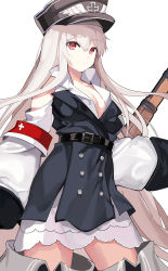 Rule 34 | 1girl, black thighhighs, boots, breasts, cleavage, closed mouth, contrapposto, cowboy shot, detached sleeves, dress, girls&#039; frontline, gun, hair between eyes, hat, highres, kar98k (girls&#039; frontline), large breasts, looking at viewer, nueat, peaked cap, red eyes, short dress, sidelocks, simple background, smile, solo, standing, thigh boots, thighhighs, weapon, white background, white hair