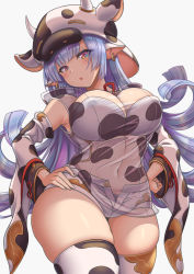Rule 34 | 1girl, animal ears, animal print, blue hair, breasts, catura (granblue fantasy), cow ears, cow hat, cow horns, cow print, detached sleeves, draph, earrings, fake animal ears, fake horns, granblue fantasy, hands on own hips, highres, horns, jewelry, large breasts, long hair, see-through, see-through shirt, simple background, skindentation, solo, thick thighs, thighhighs, thighs, white background, wide sleeves, yasojima nejiro