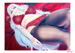 Rule 34 | 1girl, absurdres, artist name, azur lane, border, bra, breasts, breasts apart, clothes pull, fine fabric emphasis, graf zeppelin (azur lane), hair between eyes, highres, iron blood (emblem), lace, lace bra, lace panties, large breasts, lips, long hair, looking at viewer, lying, on back, panties, pantyhose, pantyhose pull, pillow, red bra, red eyes, red panties, solo, topless, underwear, very long hair, white border, white hair, yuki1977