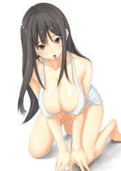Rule 34 | 1girl, :p, bare shoulders, black hair, breasts, brown eyes, cleavage, large breasts, long hair, looking at viewer, muffin (sirumeria), original, simple background, solo, tongue, tongue out, white background