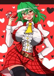 Rule 34 | 1girl, ascot, black bra, black thighhighs, blush, box, bra, breasts, candy, chocolate, chocolate heart, earrings, fangs, floral print, flying sweatdrops, food, gift, gift box, green hair, head wings, heart, highres, huge breasts, jewelry, kazami yuuka, large breasts, open clothes, open mouth, open vest, red eyes, rindou (p41neko), see-through, shirt, skirt, skirt set, smile, solo, thighhighs, touhou, underwear, valentine, vest, wings, zettai ryouiki