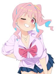Rule 34 | 1girl, absurdres, blue hair, blue skirt, bow, bowtie, breasts, cleavage, collarbone, collared shirt, commentary, cowboy shot, dress shirt, earrings, english commentary, grin, gyaru, hair intakes, hair ornament, hair scrunchie, hand on own hip, highres, hozuki kaede, jewelry, kay yu, large breasts, loose bowtie, multicolored hair, necklace, one eye closed, onii-chan wa oshimai!, pink eyes, pink hair, pleated skirt, purple shirt, red bow, red bowtie, school uniform, scrunchie, shirt, side ponytail, sidelocks, simple background, skirt, sleeves rolled up, smile, solo, streaked hair, stud earrings, untucked shirt, white background
