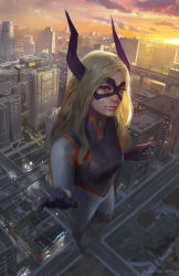 Rule 34 | 1girl, artist name, blonde hair, boku no hero academia, building, city, closed mouth, cloud, cloudy sky, commentary, giant, giantess, grass, highres, jumpsuit, looking at viewer, mask, mount lady, mshen, pavement, red eyes, road, sky, skyline, solo, standing, sun, sunset, superhero costume, tagme