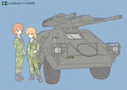 Rule 34 | 2girls, absurdres, armored car, armored vehicle, arms behind back, bad id, bad pixiv id, blonde hair, blue eyes, boots, breast pocket, camouflage, camouflage jacket, camouflage pants, cannon, grey eyes, hands on own hips, highres, jacket, license plate, looking at viewer, military, military uniform, multiple girls, original, pants, pocket, ponytail, prototype design, red hair, short hair, simple background, soldier, swedish flag, swedish uniform, tank destroyer, u-sh405, uniform, user srvd8725, windshield, wipers