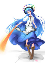 Rule 34 | 1girl, bad id, bad pixiv id, blue hair, boots, female focus, food, fruit, full body, gradient background, highres, hinanawi tenshi, inu3, long hair, peach, red eyes, skirt, solo, sword, sword of hisou, touhou, very long hair, weapon, white background
