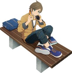 Rule 34 | 1boy, bag, bench, blue footwear, book, brown hair, cardigan, charm (object), commentary, crossed legs, english commentary, feathers, full body, green eyes, headphones, headphones around neck, highres, holding, holding headphones, long sleeves, looking at viewer, male focus, normin (tales), official art, pants, plaid, plaid pants, school bag, school uniform, shirt, shoes, simple background, sitting, smile, sneakers, solo, sorey (tales), tales of (series), tales of asteria, tales of zestiria, transparent background