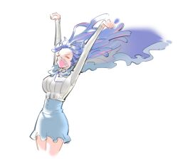 Rule 34 | 1girl, ^ ^, arms up, blue cape, blue hair, blue skirt, cape, closed eyes, commentary, cowboy shot, frilled skirt, frills, hair floating upwards, high-waist skirt, long hair, mask, mouth mask, multicolored hair, one piece, pink hair, raine (acke2445), shirt, shirt tucked in, simple background, skirt, solo, streaked hair, striped clothes, striped shirt, symbol-only commentary, ulti (one piece), vertical-striped clothes, vertical-striped shirt, white background