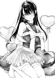 Rule 34 | 1girl, arms behind back, balloon, bound, bound arms, breasts, closed mouth, cropped sweater, greyscale, hajirau kimi ga mitainda, highres, honjou kaho, kneeling, large breasts, long hair, looking at viewer, mole, mole under mouth, monochrome, ribbon, ribbon bondage, skirt, sleeveless, sleeveless sweater, smile, solo, sweater, thighhighs, uma raclette