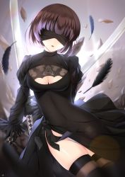 Rule 34 | 1girl, arms behind back, bad id, bad pixiv id, black dress, black gloves, black hairband, black thighhighs, blindfold, blunt bangs, boots, breasts, brown thighhighs, cleavage cutout, clothing cutout, covered eyes, cowboy shot, dress, feathers, gloves, groin, hairband, highres, holding, holding sword, holding weapon, juliet sleeves, katana, legs together, leotard, long sleeves, medium breasts, nier:automata, nier (series), no mole, open mouth, puffy sleeves, ribbed dress, rko (a470350510), short dress, short hair, side slit, silver hair, skindentation, solo, sword, thigh boots, thighhighs, vambraces, weapon, weapon on back, white leotard, 2b (nier:automata)