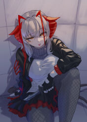 Rule 34 | 1girl, :p, antennae, arknights, black jacket, black pantyhose, black scarf, black skirt, breasts, demon girl, demon horns, demon tail, grey hair, highres, holding, holding knife, horns, jacket, knee up, knife, large breasts, long sleeves, looking at viewer, medium hair, nuup pasta, open clothes, open jacket, orange eyes, pantyhose, red skirt, scarf, sitting, skirt, solo, tail, tongue, tongue out, two-sided fabric, two-sided skirt, two-tone skirt, w (arknights)
