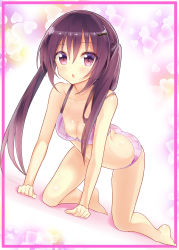 Rule 34 | 1girl, absurdres, all fours, ass, barefoot, bra, breasts, cleavage, collarbone, dutch angle, gochuumon wa usagi desu ka?, hair between eyes, hair ornament, hairclip, heart, highres, long hair, looking at viewer, medium breasts, nanakusa (user rnpt7322), open mouth, panties, pink bra, pink panties, purple eyes, purple hair, shiny skin, solo, tedeza rize, twintails, underwear, underwear only, very long hair