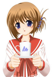 Rule 34 | 00s, 1girl, :o, bow, bowtie, brown hair, cup, flipper, folded ponytail, head tilt, holding, komaki manaka, long sleeves, looking at viewer, parted lips, red bow, red bowtie, sailor collar, saucer, school uniform, serafuku, short hair, simple background, solo, to heart (series), to heart 2, white background