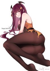 Rule 34 | &gt;:o, 1girl, ass, bare arms, bare shoulders, bat wings, belt, black hairband, black wings, blush, breasts, brown pantyhose, commentary, dated, dress, food-themed hair ornament, from behind, girls&#039; frontline, hair ornament, hair ribbon, hairband, half updo, halloween, happy halloween, head wings, long hair, lying, medium breasts, mimelond, no shoes, official alternate costume, on side, open mouth, orange dress, panties, panties under pantyhose, pantyhose, pumpkin hair ornament, purple eyes, purple hair, red eyes, ribbon, serious, signature, simple background, soles, solo, teeth, thighband pantyhose, torn clothes, torn dress, underwear, upper teeth only, v-shaped eyebrows, very long hair, wa2000 (girls&#039; frontline), wa2000 (haunted castle) (girls&#039; frontline), white background, wings