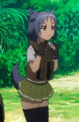 Rule 34 | 1girl, animal ears, animated, animated gif, black thighhighs, bulletproof vest, fingerless gloves, galil ar (upotte!!), gloves, lowres, purple hair, school uniform, screencap, solo, tail, tail wagging, thighhighs, upotte!!