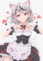 Rule 34 | 1girl, :q, absurdres, animal ear fluff, animal ears, apron, black hair, bow, bowtie, breasts, cat ears, corset, detached collar, detached sleeves, ear piercing, extra ears, frilled apron, frills, hair ornament, hair ribbon, heart, heart hands, highres, hololive, looking at viewer, maid headdress, medium breasts, multicolored hair, piercing, plaid, plaid skirt, quarterlift, red bow, red bowtie, red eyes, red ribbon, red skirt, ribbon, sakamata chloe, short sleeves, silver hair, simple background, skirt, solo, streaked hair, tongue, tongue out, virtual youtuber, white apron, white background, wrist cuffs, x hair ornament