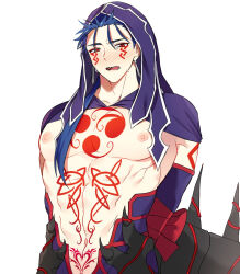 Rule 34 | 1boy, arms behind back, bara, blue hair, blue hood, blush, bound, bound arms, chest tattoo, cu chulainn (fate), cu chulainn alter (fate), earrings, embarrassed, facial mark, fate/grand order, fate (series), highres, jewelry, male focus, navel, nipples, open mouth, red eyes, red ribbon, ribbon, seum (kao husband), sharp teeth, simple background, stomach tattoo, sweatdrop, tail, tattoo, teeth, white background