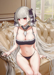 Rule 34 | 1girl, azur lane, bare arms, bare legs, bare shoulders, black bra, black nails, black panties, bra, breasts, closed mouth, collarbone, couch, ddsssaaa, detached collar, formidable (azur lane), gothic lolita, grey hair, hair ribbon, highres, indoors, large breasts, lolita fashion, long hair, looking at viewer, nail polish, navel, panties, red eyes, ribbon, sitting, skindentation, smile, solo, stomach, twintails, underwear, underwear only, very long hair, window