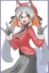 Rule 34 | absurdres, animal ears, blazer, gloves, hat, highres, island fox (kemono friends), jacket, kemono friends, kemono friends v project, long hair, looking at viewer, necktie, open mouth, school uniform, shirt, shoes, silver hair, simple background, skirt, smile, solo, tail, twintails, virtual youtuber