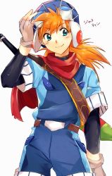 Rule 34 | 1boy, belt, blue eyes, closed mouth, fingerless gloves, gloves, goggles, grandia, grandia i, highres, justin (grandia), layered sleeves, long hair, looking to the side, male focus, multiple sleeves, orange hair, red scarf, scarf, simple background, solo