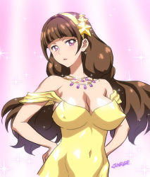Rule 34 | 1girl, :o, amanogawa kirara, artist name, bare arms, bare shoulders, blue eyes, breasts, brown hair, cleavage, covered erect nipples, covered navel, cowboy shot, dress, earrings, female focus, glint, go! princess precure, hair intakes, hair ornament, hairband, hands on own hips, head tilt, jewelry, joy ride, large breasts, long hair, looking at viewer, low twintails, neck, necklace, off-shoulder dress, off shoulder, open mouth, parted lips, pink eyes, precure, serious, shiny clothes, sketch, skin tight, solo, sparkle, star (symbol), star hair ornament, twintails, upper body, very long hair, yellow dress, yellow hairband