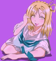 Rule 34 | 10s, 1girl, artist name, artist request, blonde hair, blush, braid, crown braid, female focus, full body, green eyes, green neckwear, hair rings, highres, holding, holding hair, kneehighs, loafers, looking at viewer, love live!, love live! sunshine!!, lying, ohara mari, on side, parted lips, purple background, school uniform, shadow, shoes, short hair, simple background, skirt, smile, socks, solo, thighhighs, uranohoshi school uniform, yellow eyes