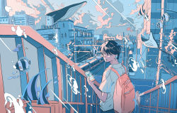 Rule 34 | 1boy, absurdres, backpack, bag, black hair, bubble, building, cloud, cloudy sky, earbuds, earphones, fish, from behind, highres, ichigoame, looking at viewer, looking back, manta ray, moorish idol, original, outdoors, parted lips, pink bag, shirt, short hair, short sleeves, sky, solo, surreal, tree, tropical fish, whale, white shirt