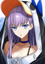 Rule 34 | 1girl, blue bow, blue eyes, bow, breasts, choker, cleavage, collarbone, fate/grand order, fate (series), hair between eyes, long hair, meltryllis, meltryllis (fate), meltryllis (swimsuit lancer) (fate), meltryllis (swimsuit lancer) (first ascension) (fate), parted lips, purple hair, small breasts, solo, straight hair, tsukikage oyama, upper body