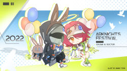 Rule 34 | 1girl, 1other, 2022, animal, animal ears, arknights, balloon, bird, black jacket, black pants, blush stickers, brown gloves, brown hairband, brown wings, chibi, closed mouth, commentary request, crossed legs, detached wings, doctor (arknights), exusiai (arknights), fake animal ears, fingerless gloves, gloves, green socks, hair over one eye, hairband, highres, holding, holding balloon, jacket, long sleeves, open clothes, open jacket, orange eyes, orange socks, pants, puffy long sleeves, puffy sleeves, rabbit ears, red hair, shirt, shoes, sitting, skirt, sleeves past wrists, smile, socks, stuffed animal, stuffed rabbit, stuffed toy, tianye toshi, visor cap, white footwear, white gloves, white headwear, white shirt, white skirt, wings