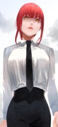 Rule 34 | 1girl, absurdres, black necktie, black pants, chainsaw man, cloud, cloudy sky, commentary request, from below, high-waist pants, highres, long sleeves, looking at viewer, makima (chainsaw man), necktie, nekoshoko, open mouth, outdoors, pants, red hair, ringed eyes, shirt, sidelocks, sky, solo, standing, white shirt, yellow eyes