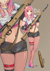 Rule 34 | 1girl, black gloves, blouse, bolt action, breasts, bullet, carina (xiaowoo), character name, cleavage, frilled shirt, frills, gloves, grey background, gun, gun sling, high heels, highres, holding, holding gun, holding weapon, jewelry, lace, lace-trimmed shirt, lace trim, legs together, long hair, looking at viewer, mauser 98, mayu (carina), midriff, navel, necklace, original, outline, pantyhose, parted lips, pink hair, pink pantyhose, purple eyes, rifle, shirt, short shorts, shorts, simple background, solo, standing, thigh strap, weapon, white shirt, zoom layer