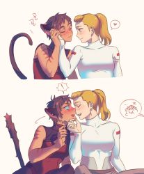Rule 34 | !, 2girls, absurdres, adora (she-ra), animal ears, blonde hair, blue sclera, blush, brown hair, cat ears, cat tail, catra, closed eyes, closed mouth, colored sclera, fang, grabbing another&#039;s chin, hand on another&#039;s cheek, hand on another&#039;s chin, hand on another&#039;s face, heart, highres, imminent kiss, looking at another, medium hair, mondaykilly, multiple girls, parted lips, ponytail, she-ra and the princesses of power, short hair, spoken exclamation mark, spoken heart, tail, teeth, upper teeth only, yuri