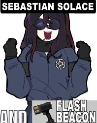 Rule 34 | 1girl, badge, black gloves, black hair, black scarf, blue jacket, expendable (pressure), gloves, hands up, highres, jacket, long sleeves, multicolored hair, open mouth, player character (roblox), pressure (roblox), red hair, roblox, scarf, simple background, smile, solo, streaked hair, toothpick, white background, yumeyuk0