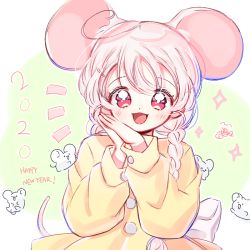 Rule 34 | 1girl, 2020, animal ears, blush, braid, dress, happy new year, long hair, long sleeves, looking at viewer, mouse (animal), mouse ears, new year, open mouth, original, own hands together, pink eyes, smile, solo, twin braids, white hair, yalmyu, yellow dress