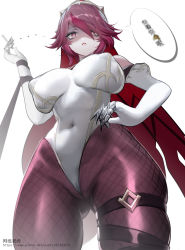 Rule 34 | 1girl, a zhilaohu, blush, breasts, censored, censored text, genshin impact, hair between eyes, highres, large breasts, looking at viewer, multicolored hair, purple eyes, purple hair, red hair, rosaria (genshin impact), shaded face, short hair, streaked hair, thighs
