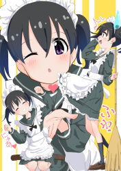 1girl apron black_hair blowing_kiss blush broom closed_eyes dress hands_up heart holding holding_broom kuraue_hinata looking_at_viewer maid_apron maid_headdress multiple_views one_eye_closed open_mouth purple_eyes ryuuma_(norinori_taruto) short_hair smile twintails yama_no_susume